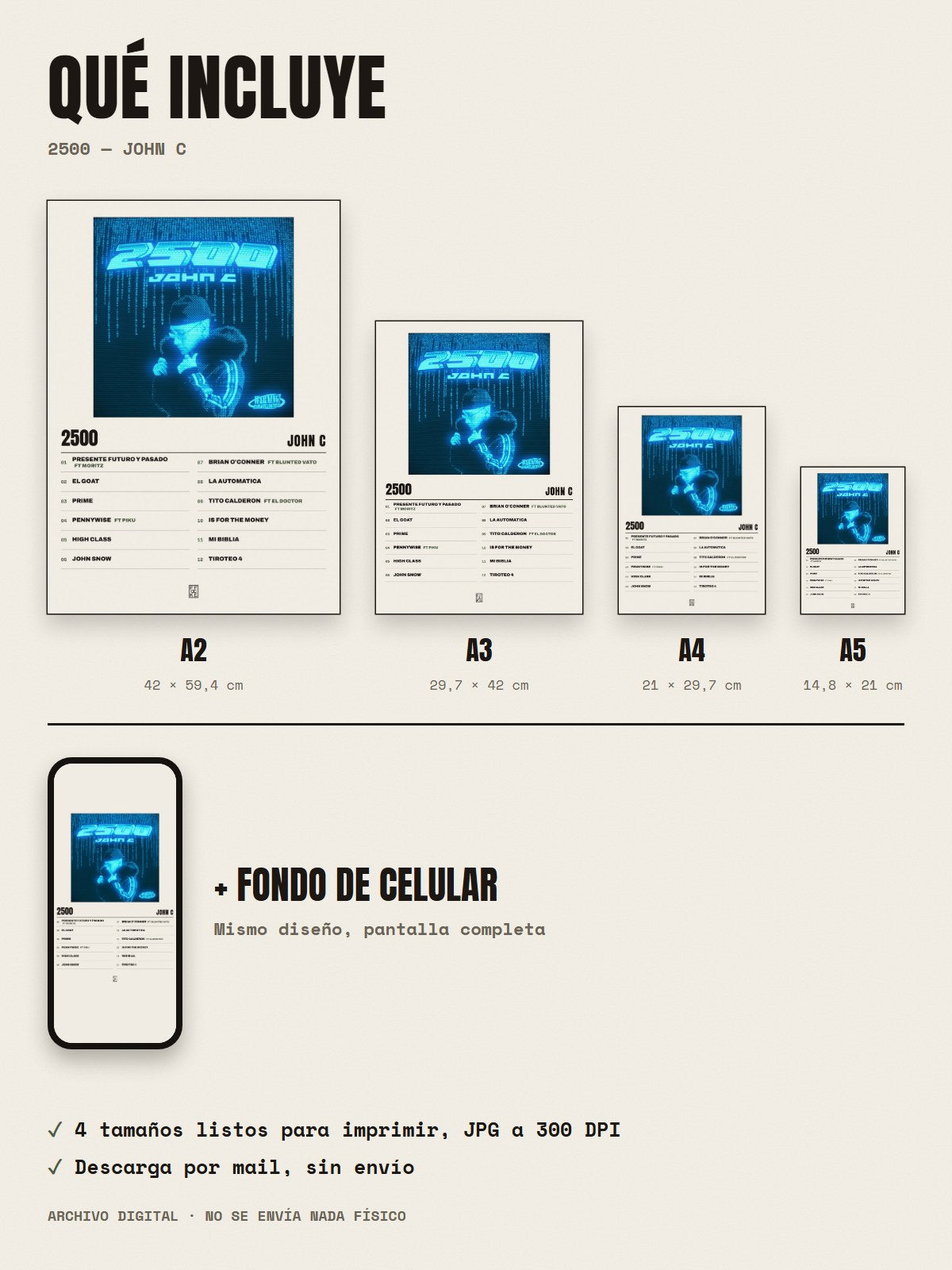 Qué incluye el póster de 2500 de John C: A2, A3, A4, A5 y fondo de celular