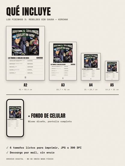 Qué incluye el póster de LOS PIBINHOS 3: REBELDES SIN CAUSA de KERCHAK: A2, A3, A4, A5 y fondo de celular