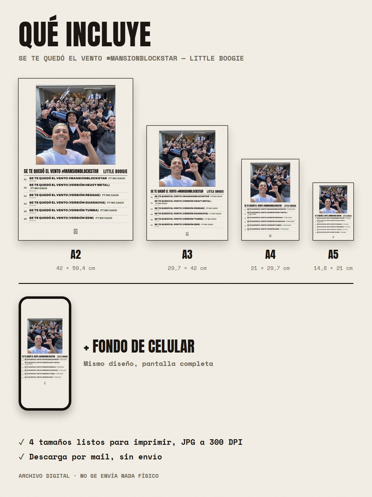 Qué incluye el póster de SE TE QUEDÓ EL VENTO #MANSIONBLOCKSTAR de Little Boogie: A2, A3, A4, A5 y fondo de celular