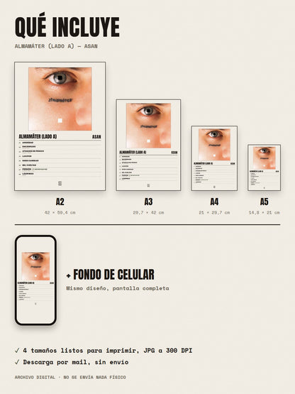 Qué incluye el póster de Almamáter (Lado A) de Asan: A2, A3, A4, A5 y fondo de celular