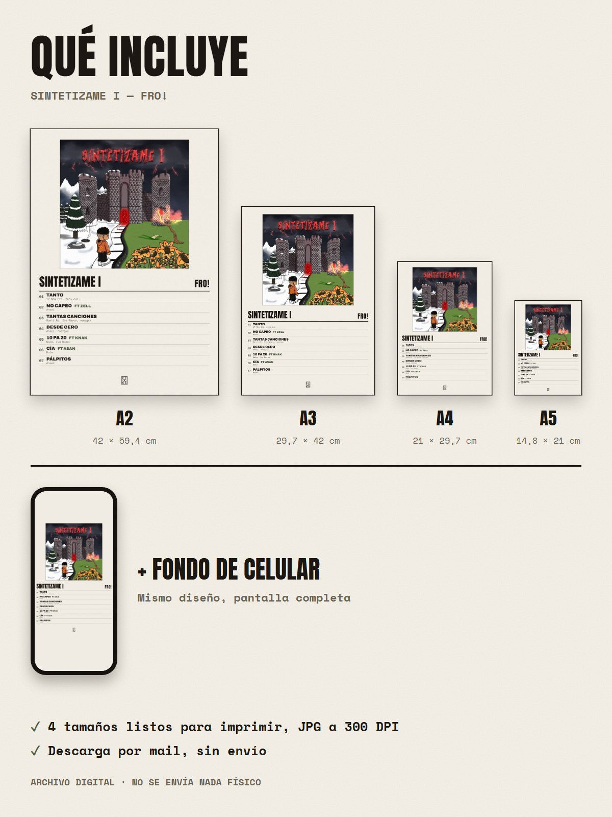 Qué incluye el póster de Sintetizame I de FRO!: A2, A3, A4, A5 y fondo de celular