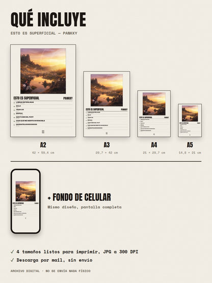 Qué incluye el póster de EsTO Es sUpErfIcIAL de Pankky: A2, A3, A4, A5 y fondo de celular