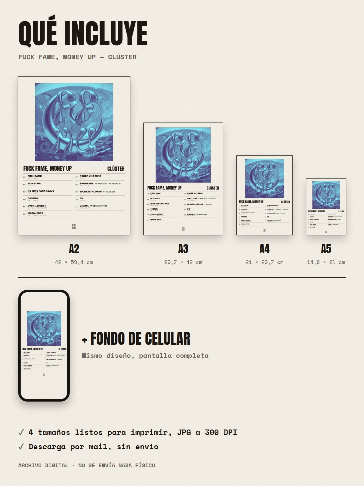 Qué incluye el póster de Fuck Fame, Money Up de Clúster: A2, A3, A4, A5 y fondo de celular
