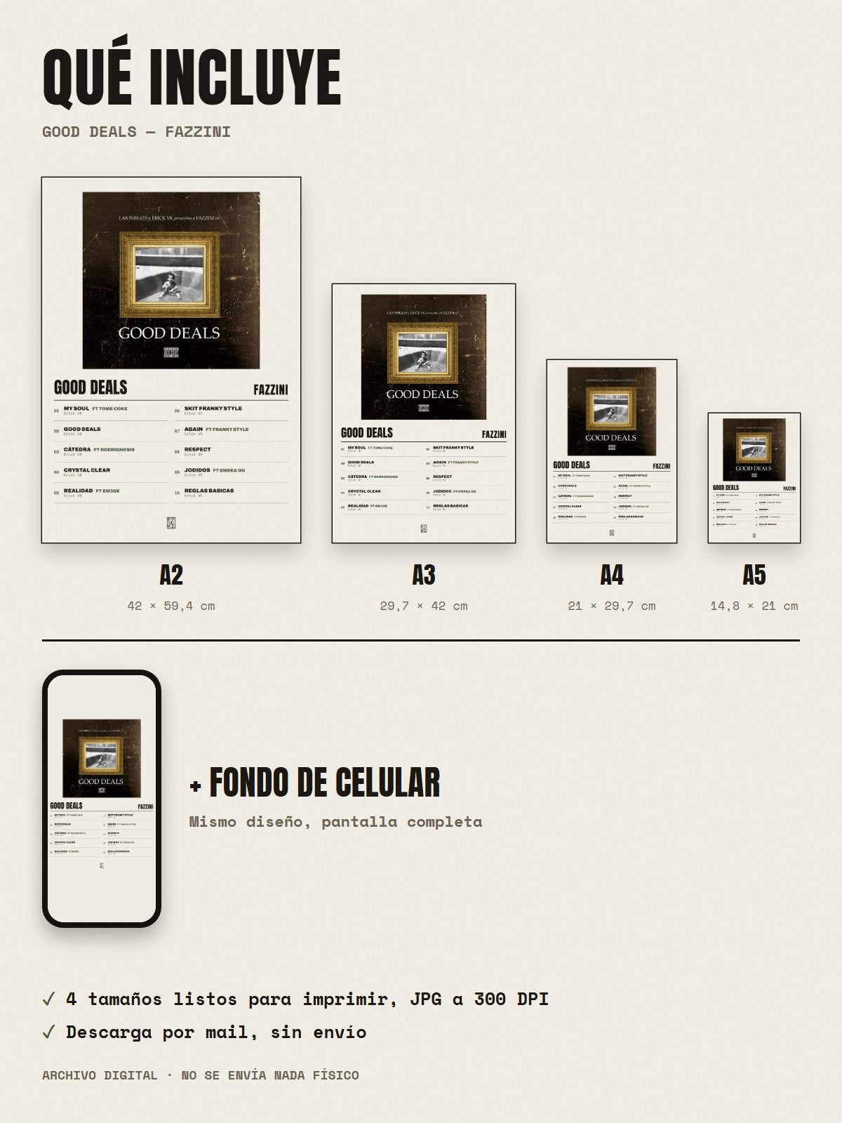 Qué incluye el póster de Good Deals de Fazzini: A2, A3, A4, A5 y fondo de celular