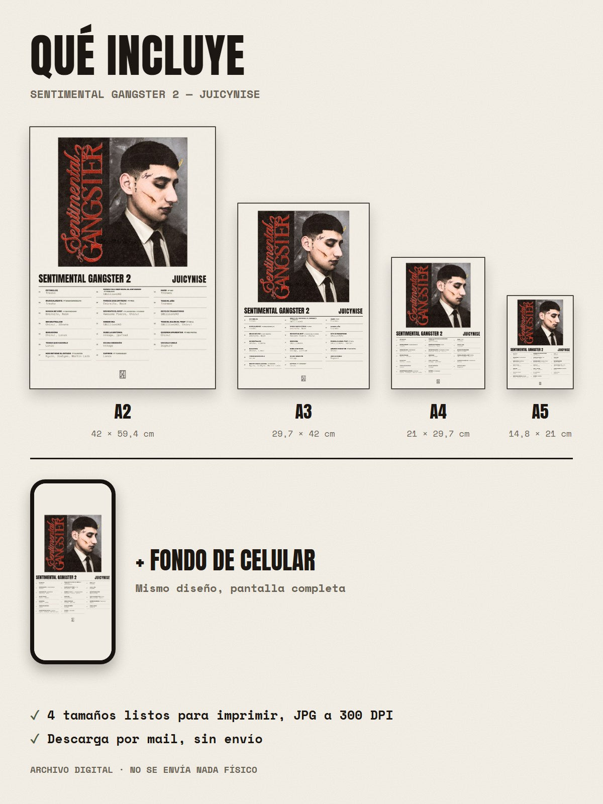 Qué incluye el póster de Sentimental Gangster 2 de JuicyNise: A2, A3, A4, A5 y fondo de celular