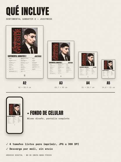 Qué incluye el póster de Sentimental Gangster 2 de JuicyNise: A2, A3, A4, A5 y fondo de celular