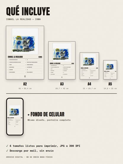 Qué incluye el póster de ismael la realidad de ISMA: A2, A3, A4, A5 y fondo de celular