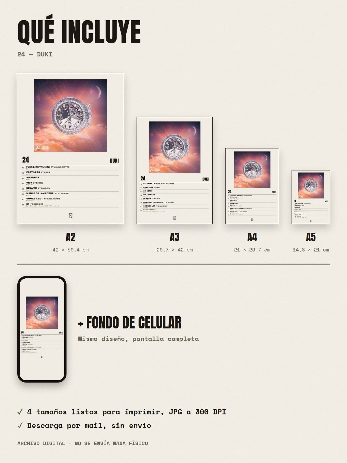 Qué incluye el póster de 24 de Duki: A2, A3, A4, A5 y fondo de celular