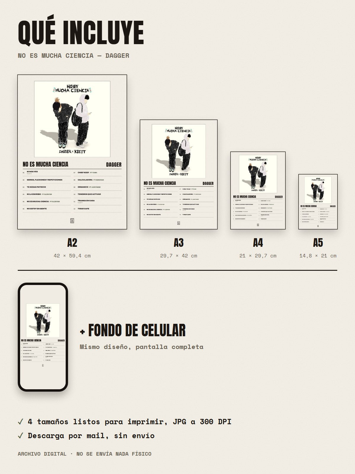 Qué incluye el póster de No Es Mucha Ciencia de Dagger: A2, A3, A4, A5 y fondo de celular