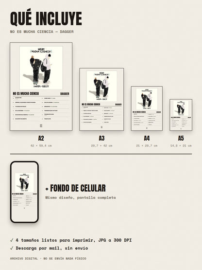 Qué incluye el póster de No Es Mucha Ciencia de Dagger: A2, A3, A4, A5 y fondo de celular