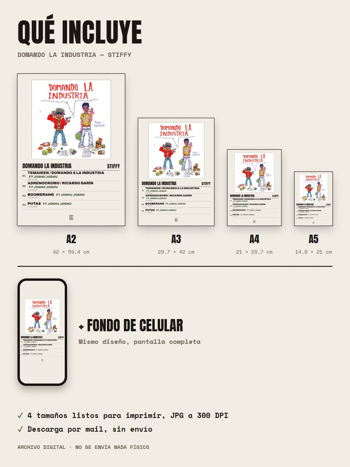 Qué incluye el póster de Domando la Industria de Stiffy: A2, A3, A4, A5 y fondo de celular