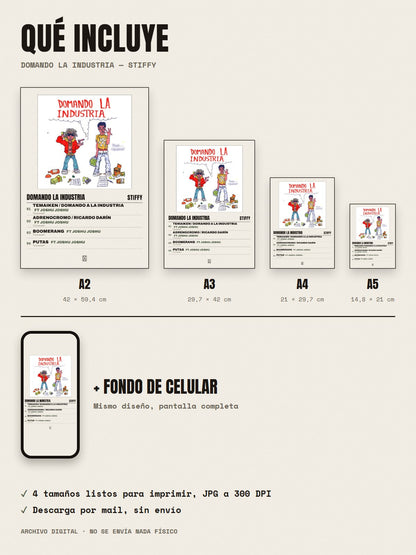Qué incluye el póster de Domando la Industria de Stiffy: A2, A3, A4, A5 y fondo de celular