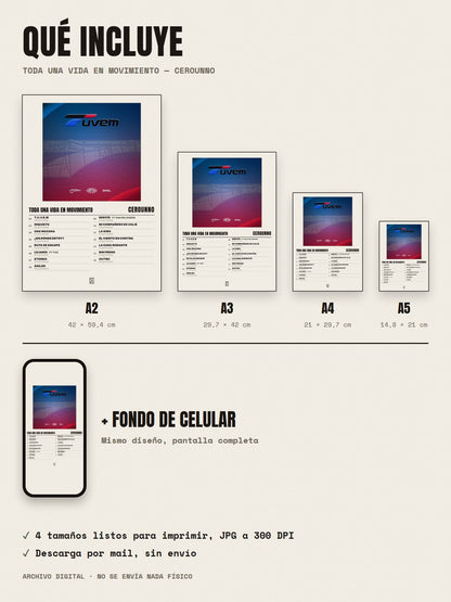 Qué incluye el póster de Toda Una Vida En Movimiento de Cerounno: A2, A3, A4, A5 y fondo de celular