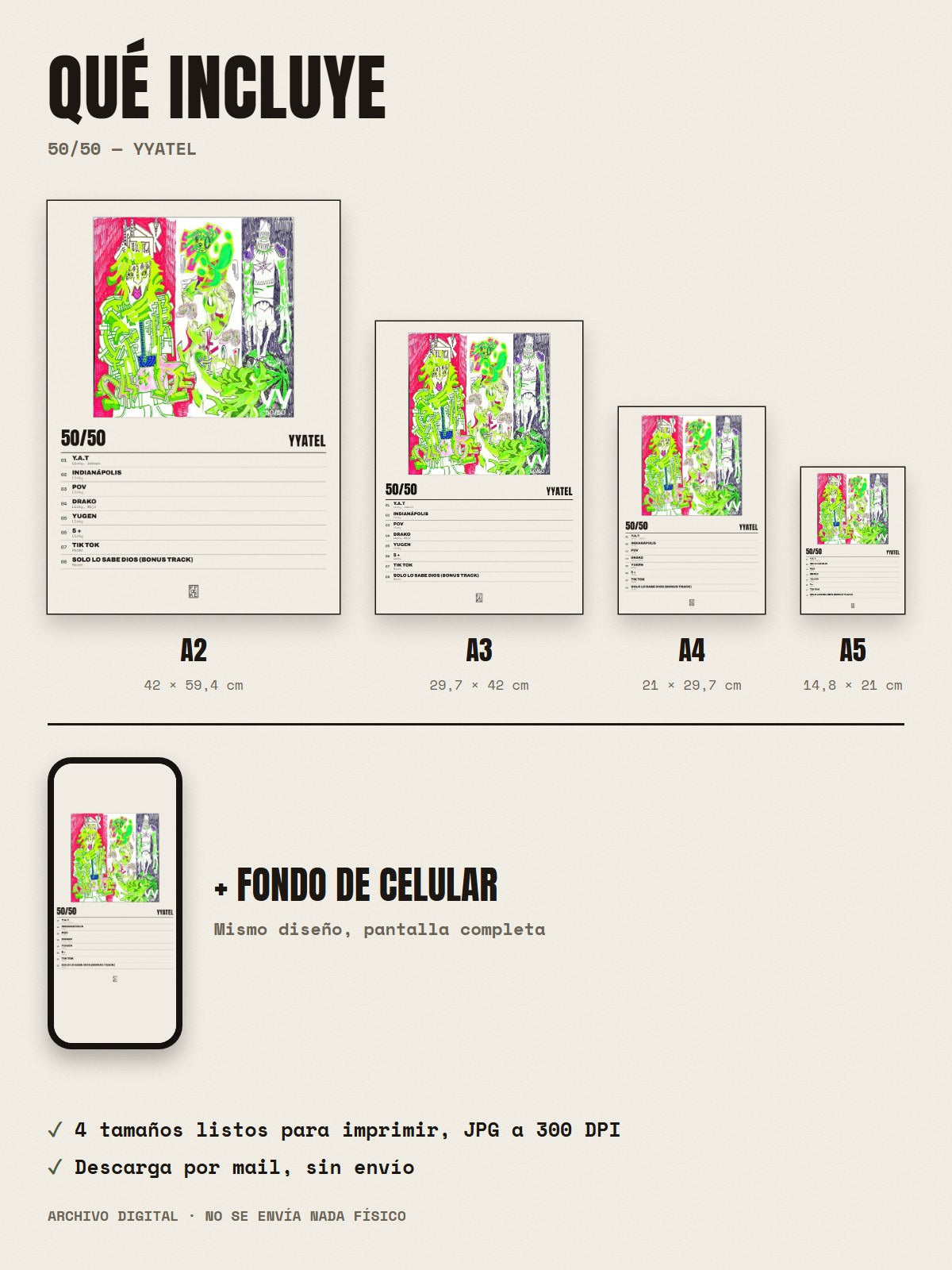 Qué incluye el póster de 50/50 de yyatel: A2, A3, A4, A5 y fondo de celular
