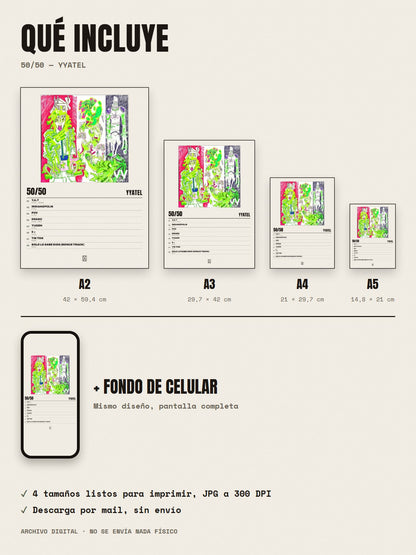 Qué incluye el póster de 50/50 de yyatel: A2, A3, A4, A5 y fondo de celular