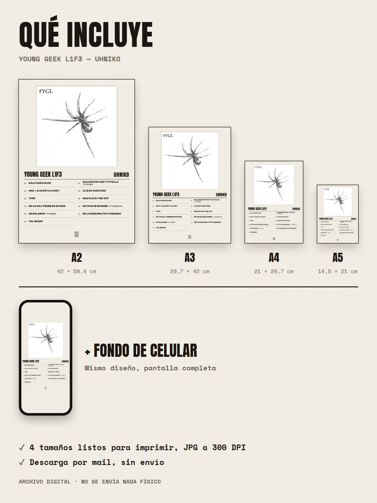 Qué incluye el póster de YOUNG GEEK L1F3 de Uhniko: A2, A3, A4, A5 y fondo de celular