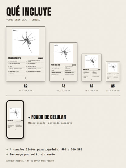 Qué incluye el póster de YOUNG GEEK L1F3 de Uhniko: A2, A3, A4, A5 y fondo de celular