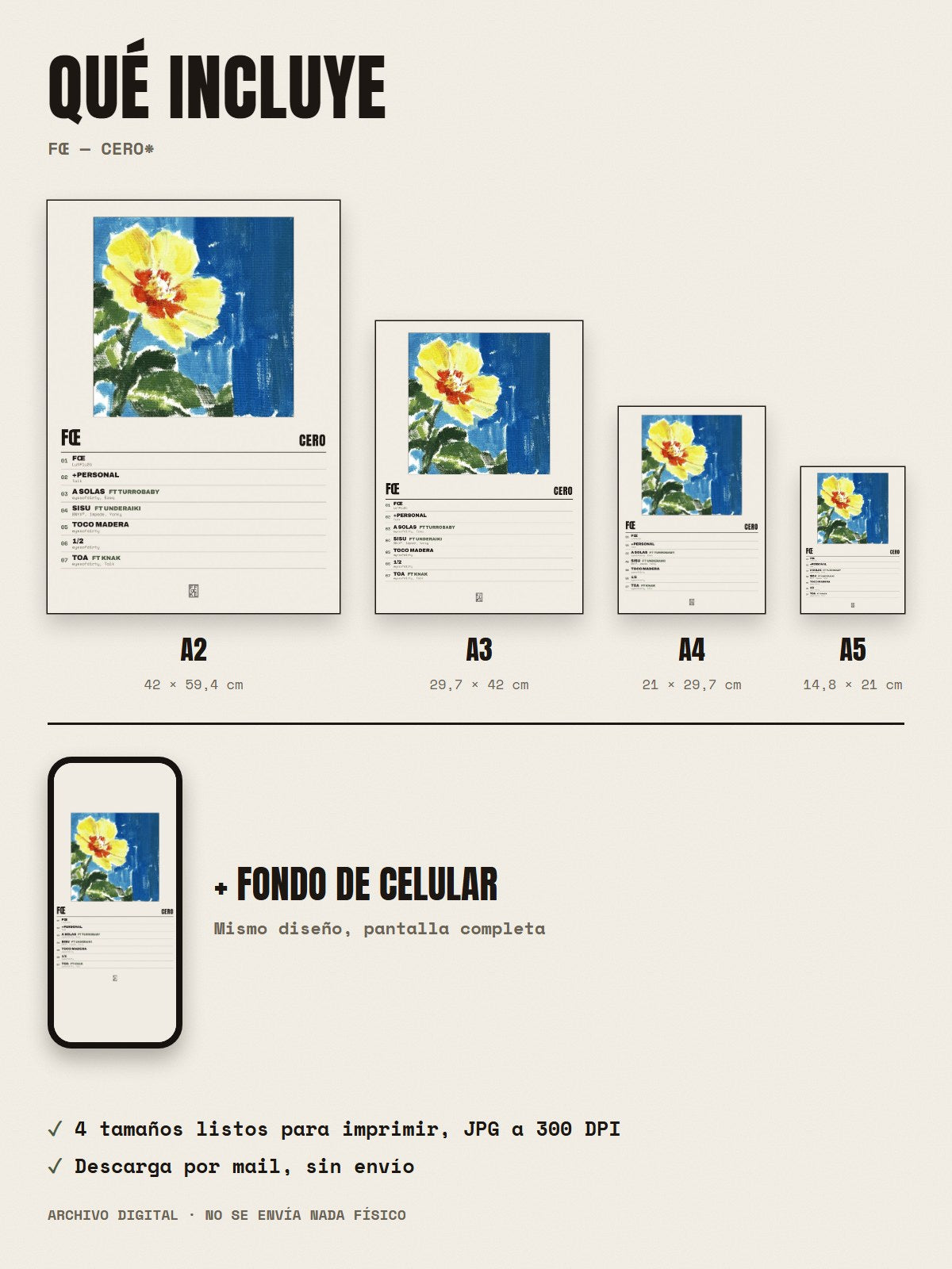 Qué incluye el póster de fœ de cero*: A2, A3, A4, A5 y fondo de celular