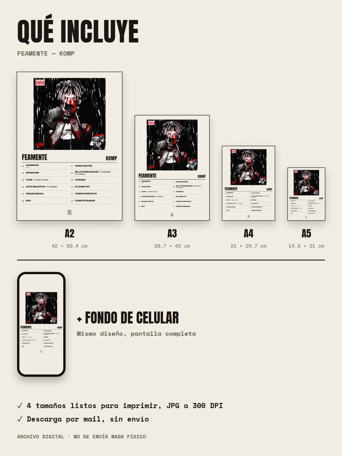 Qué incluye el póster de Feamente de Komp: A2, A3, A4, A5 y fondo de celular