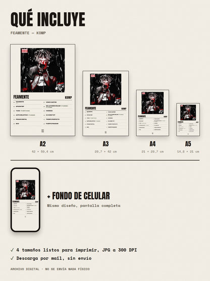 Qué incluye el póster de Feamente de Komp: A2, A3, A4, A5 y fondo de celular