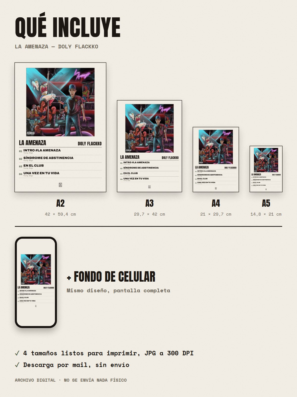 Qué incluye el póster de La Amenaza de Doly Flackko: A2, A3, A4, A5 y fondo de celular