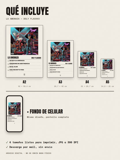 Qué incluye el póster de La Amenaza de Doly Flackko: A2, A3, A4, A5 y fondo de celular
