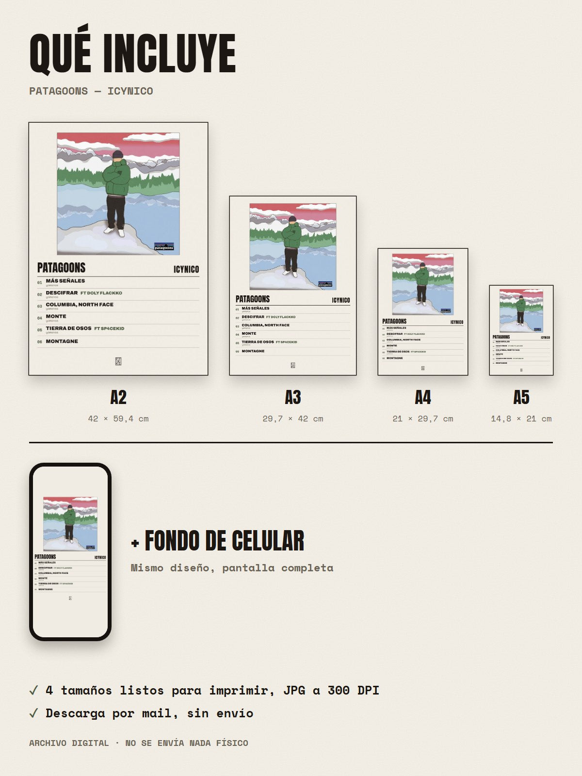 Qué incluye el póster de Patagoons de Icynico: A2, A3, A4, A5 y fondo de celular