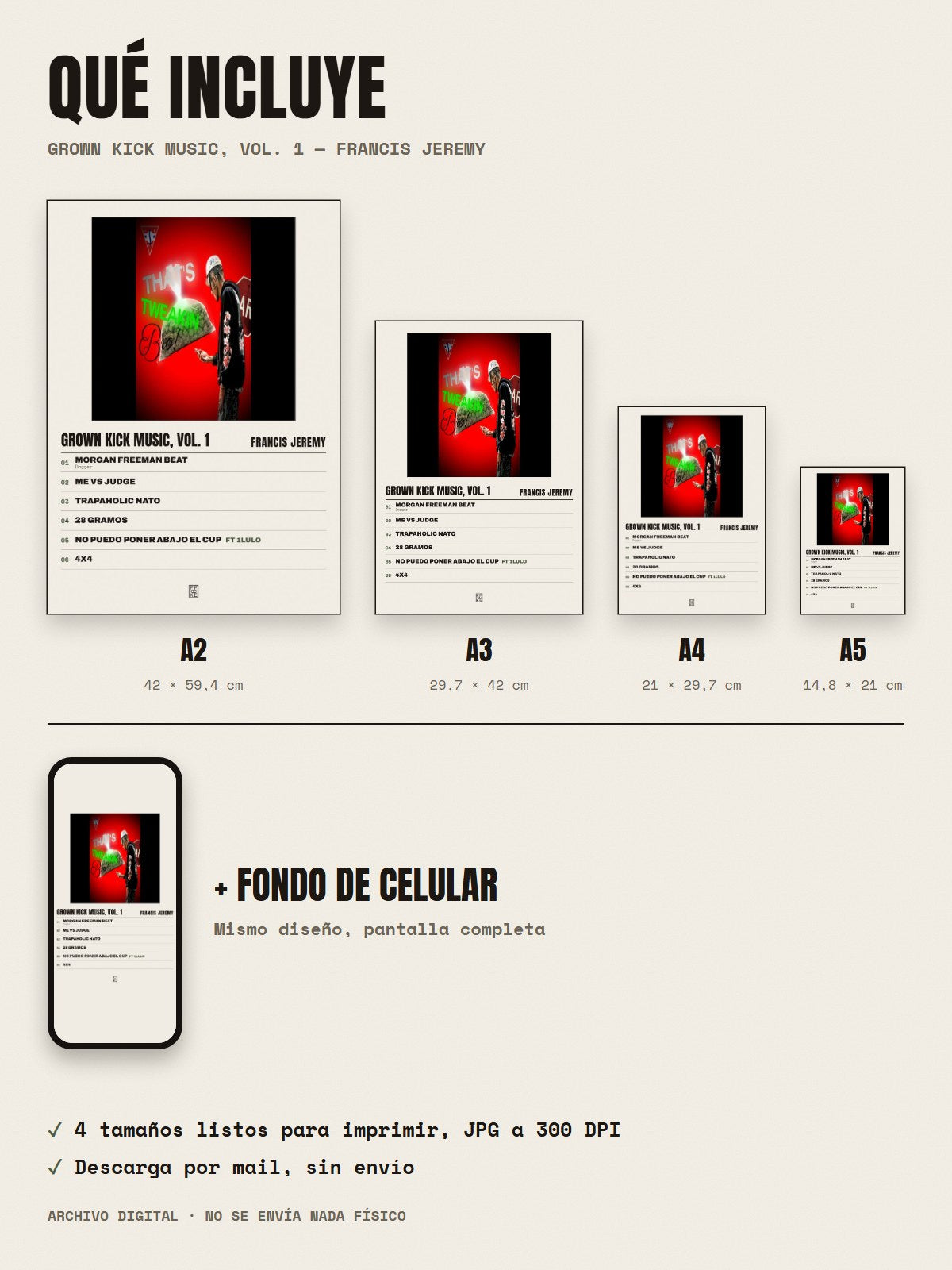 Qué incluye el póster de GROWN KICK MUSIC, Vol. 1 de Francis Jeremy: A2, A3, A4, A5 y fondo de celular