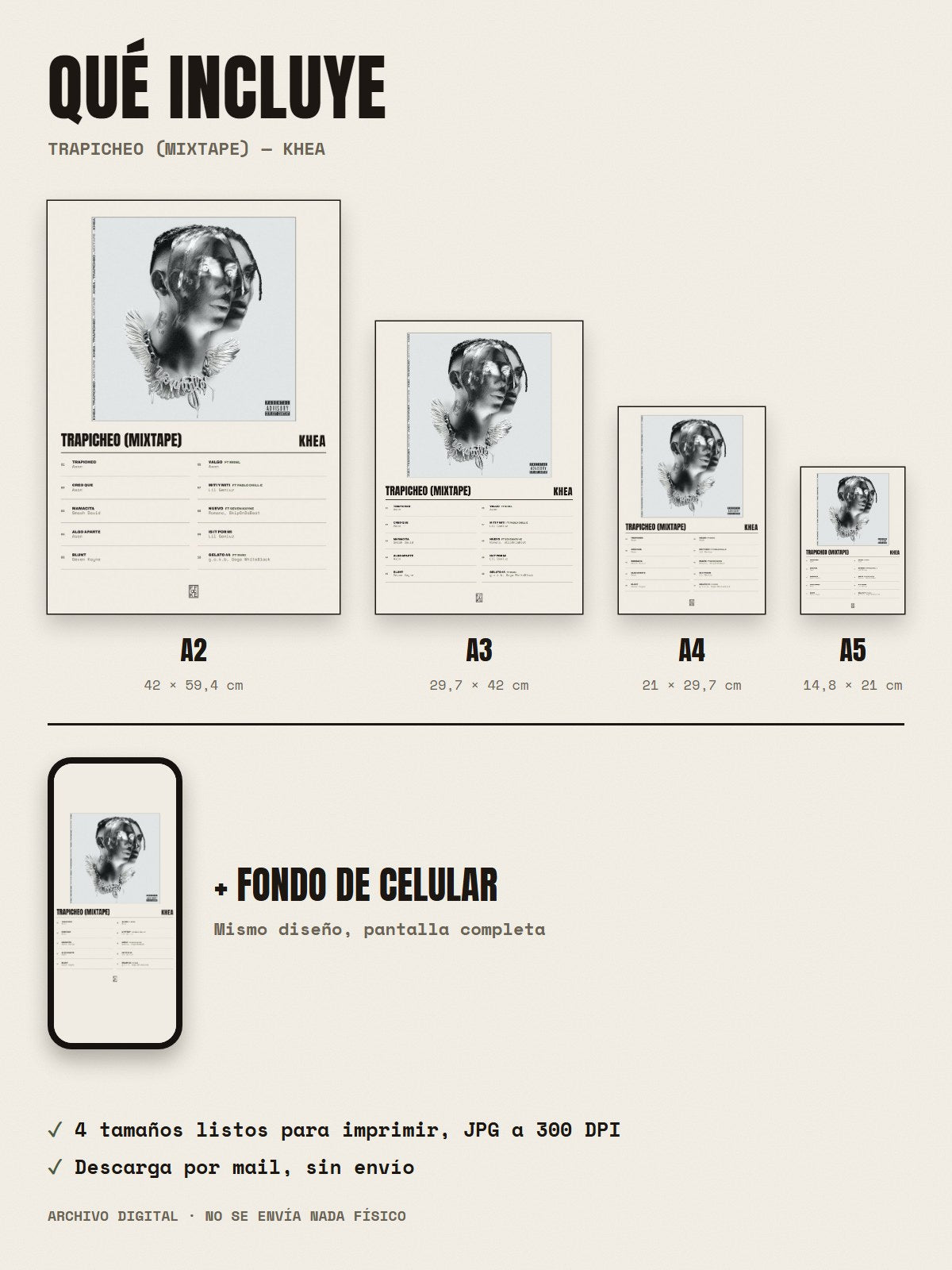 Qué incluye el póster de Trapicheo (Mixtape) de KHEA: A2, A3, A4, A5 y fondo de celular