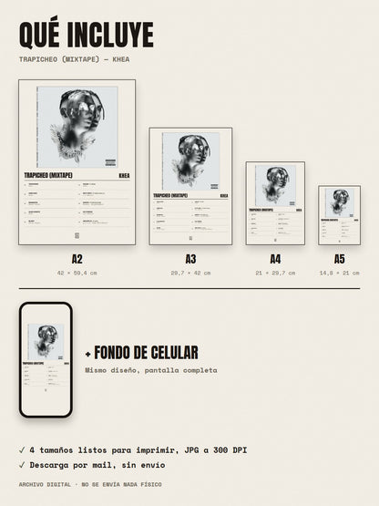 Qué incluye el póster de Trapicheo (Mixtape) de KHEA: A2, A3, A4, A5 y fondo de celular