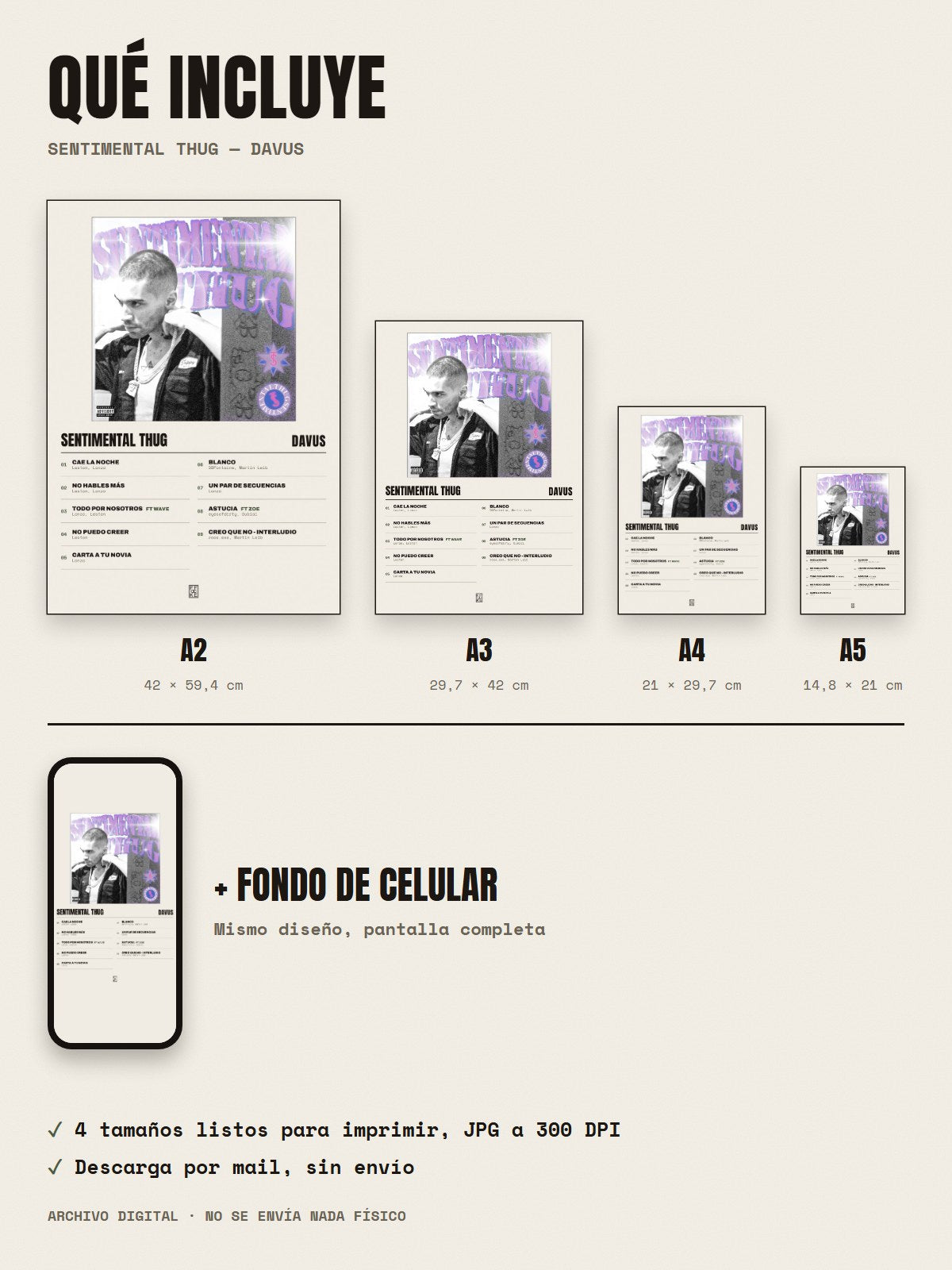 Qué incluye el póster de Sentimental Thug de Davus: A2, A3, A4, A5 y fondo de celular