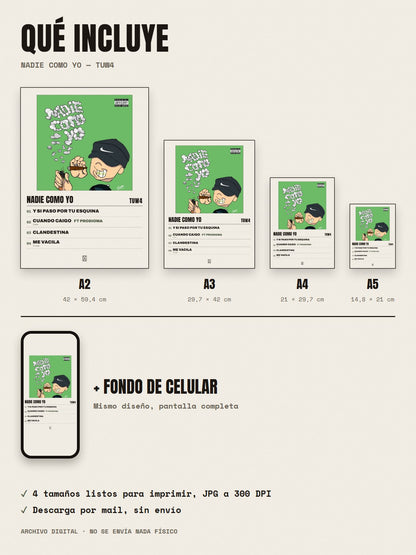 Qué incluye el póster de NADIE COMO YO de tuw4: A2, A3, A4, A5 y fondo de celular