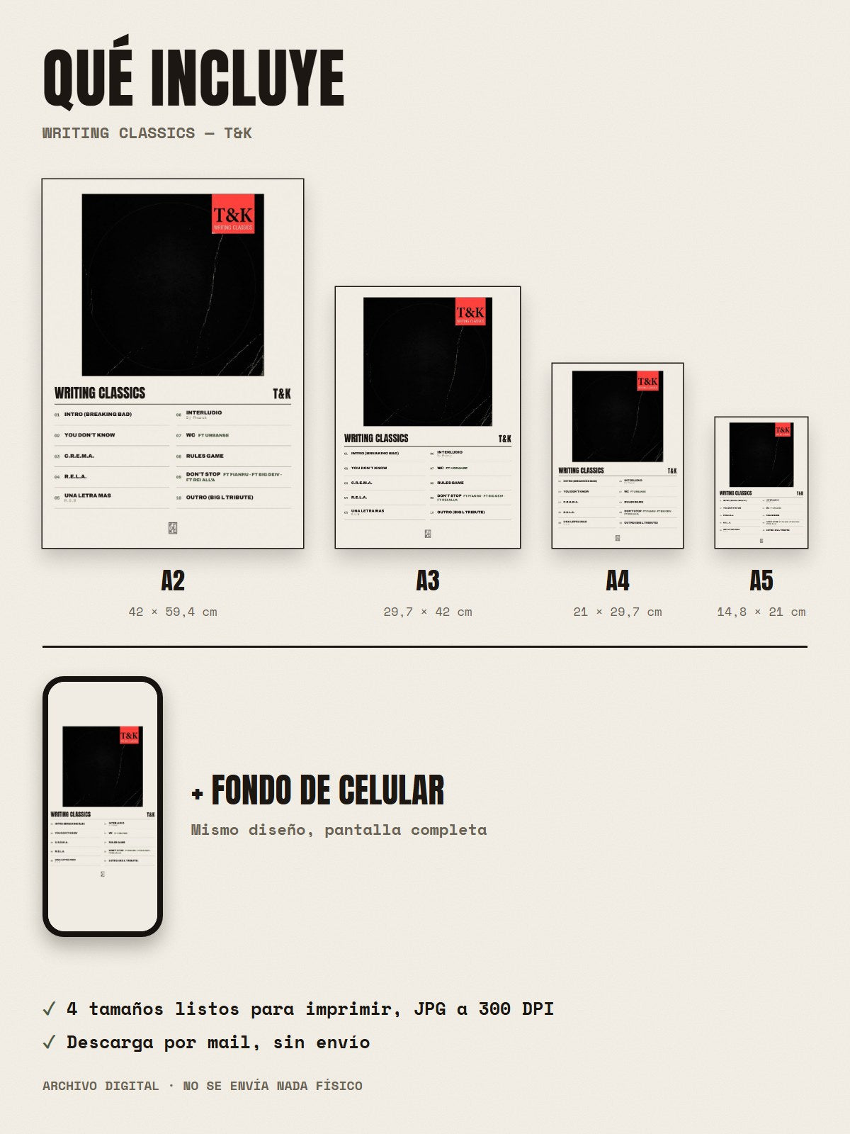Qué incluye el póster de Writing Classics de T&K: A2, A3, A4, A5 y fondo de celular