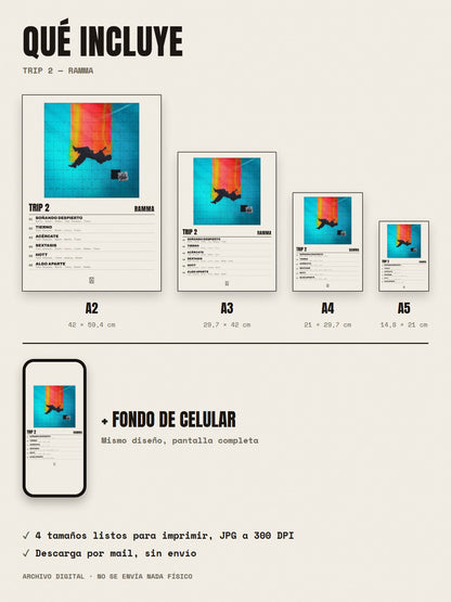 Qué incluye el póster de Trip 2 de Ramma: A2, A3, A4, A5 y fondo de celular