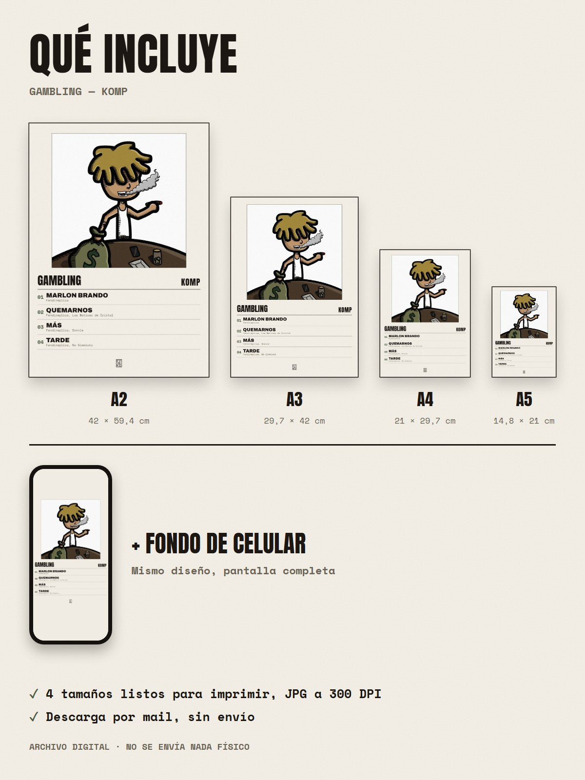 Qué incluye el póster de Gambling de Komp: A2, A3, A4, A5 y fondo de celular