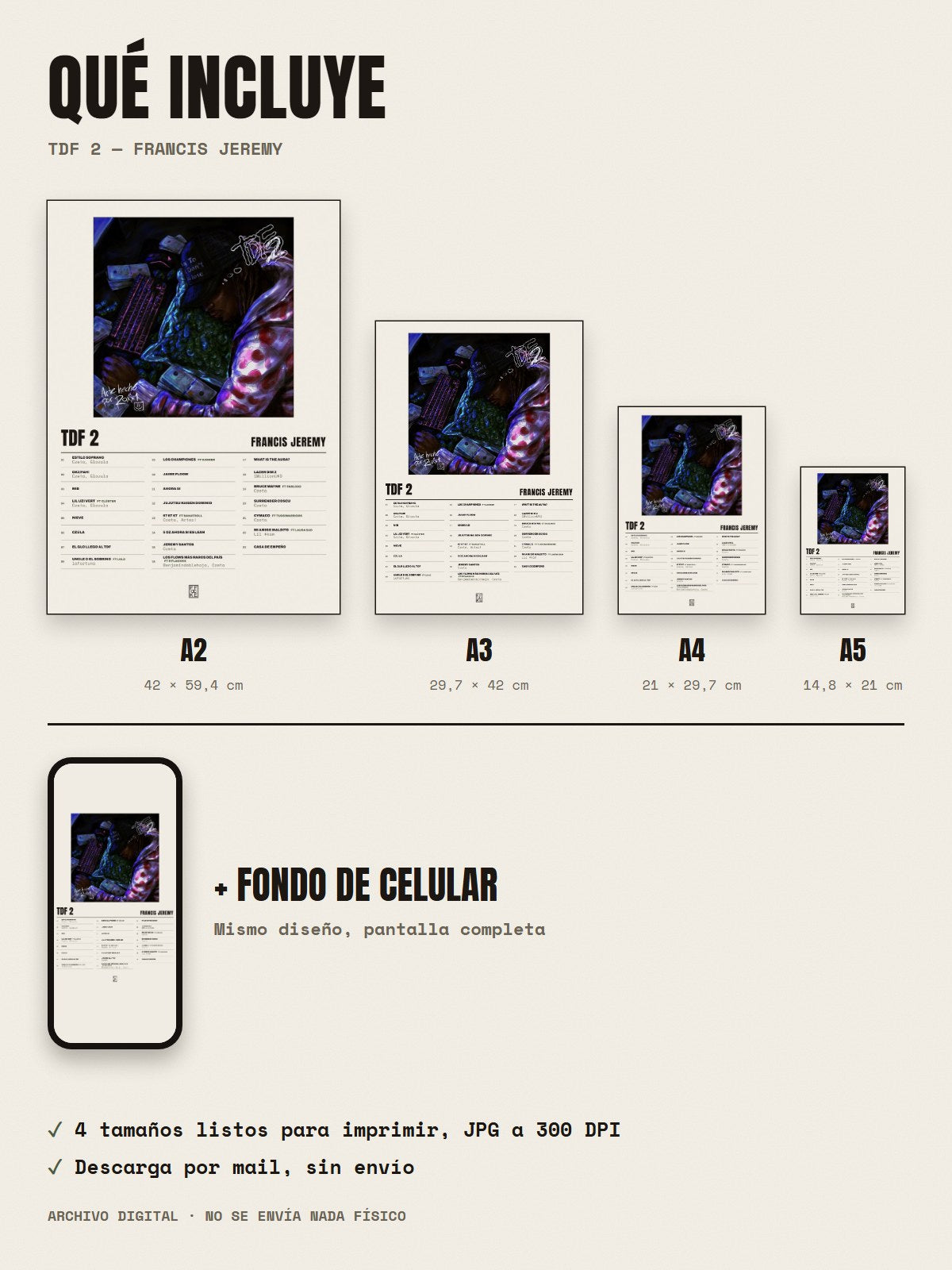 Qué incluye el póster de TDF 2 de Francis Jeremy: A2, A3, A4, A5 y fondo de celular