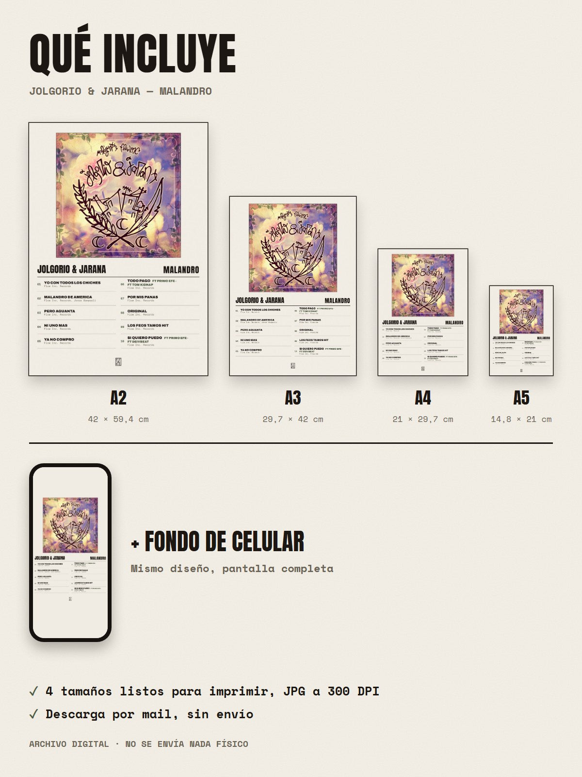 Qué incluye el póster de Jolgorio & Jarana de Malandro: A2, A3, A4, A5 y fondo de celular