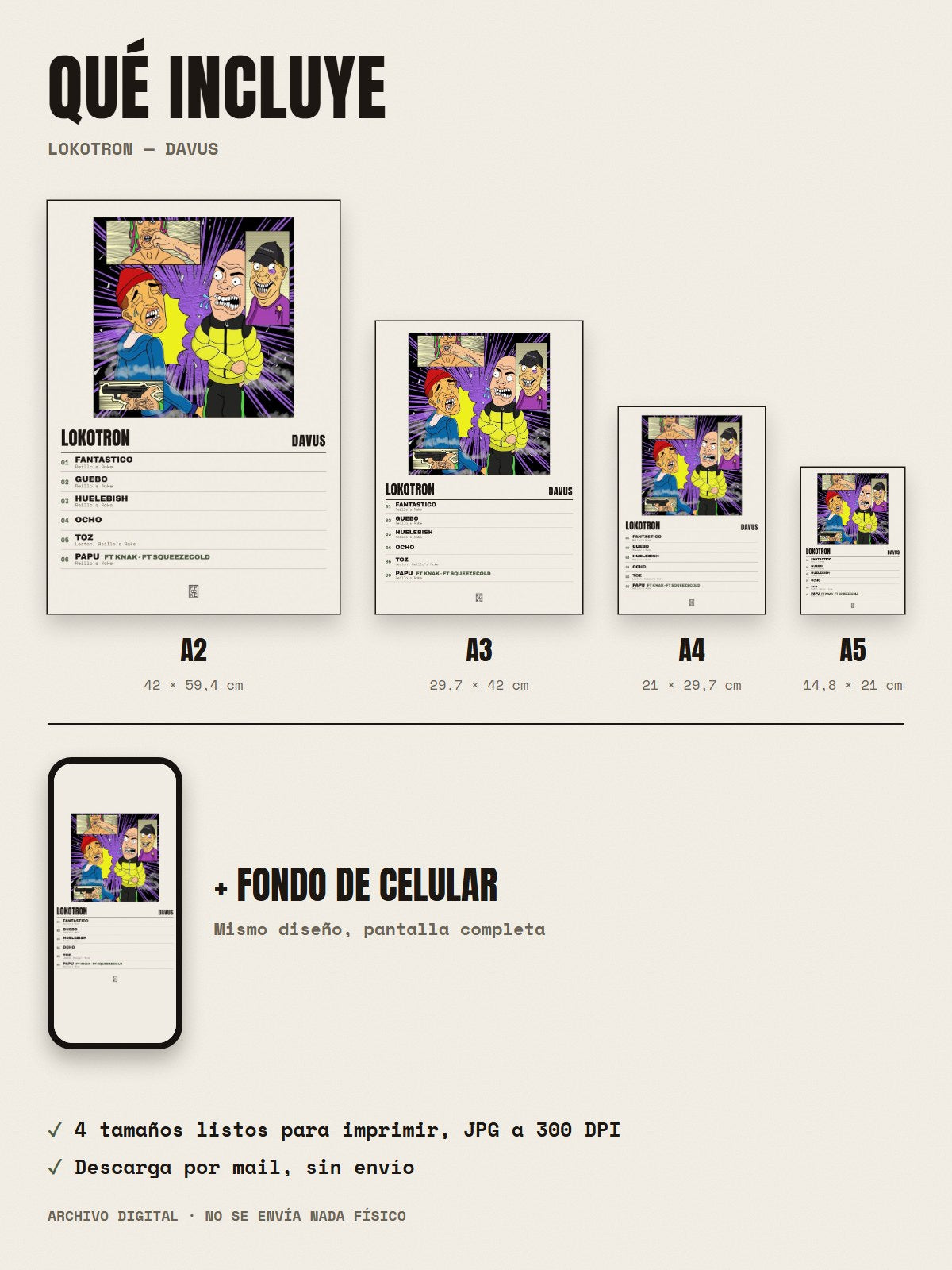 Qué incluye el póster de LOKOTRON de Davus: A2, A3, A4, A5 y fondo de celular