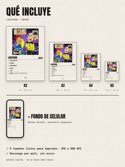 Qué incluye el póster de LOKOTRON de Davus: A2, A3, A4, A5 y fondo de celular