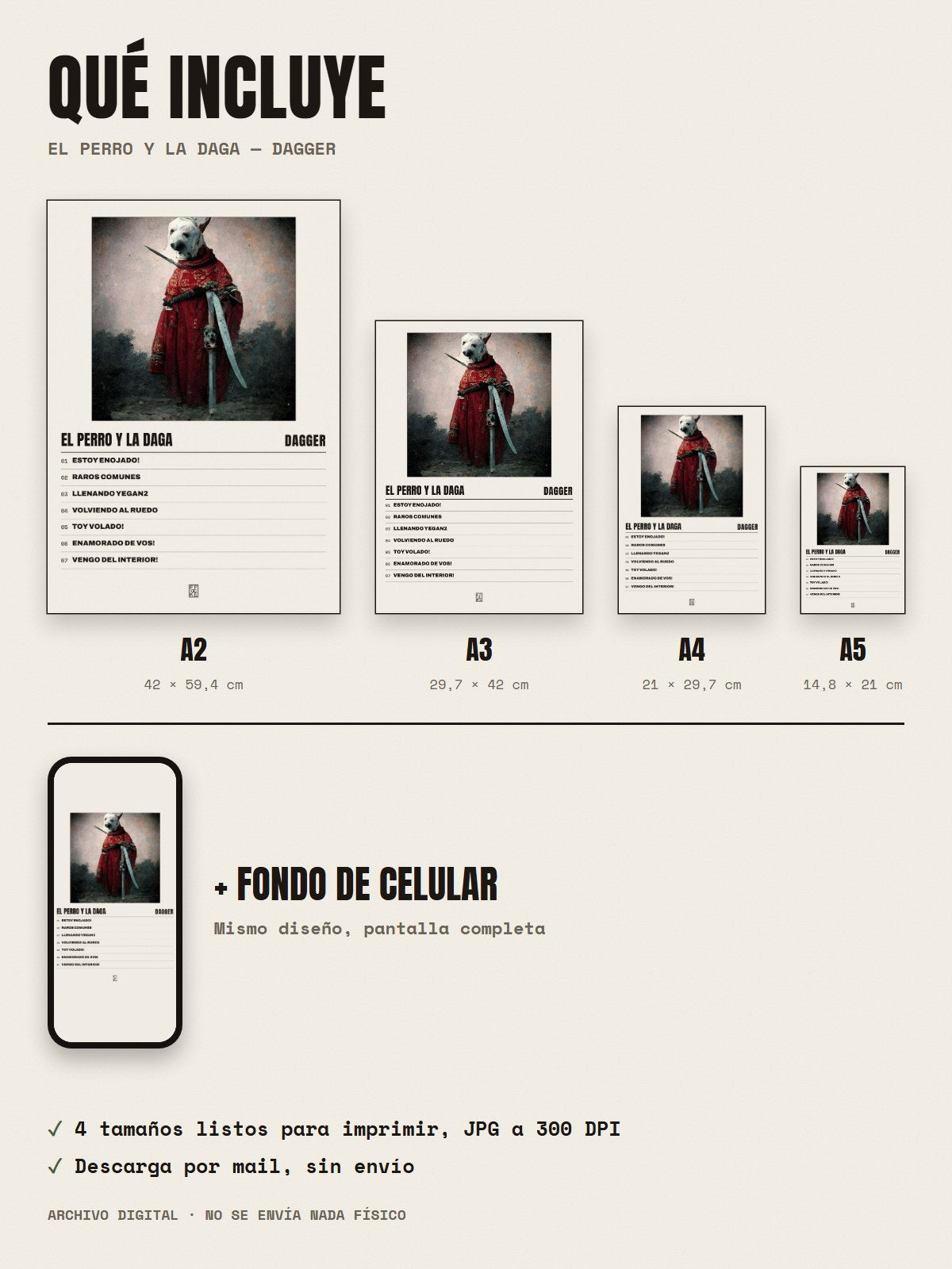 Qué incluye el póster de El Perro y la Daga de Dagger: A2, A3, A4, A5 y fondo de celular