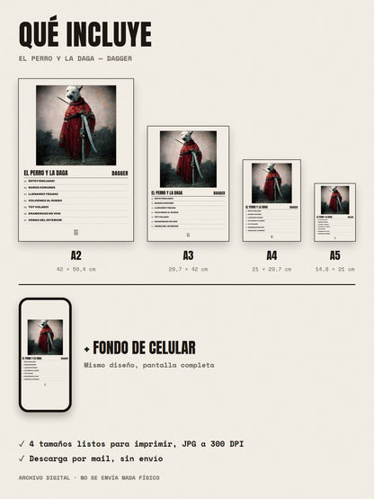 Qué incluye el póster de El Perro y la Daga de Dagger: A2, A3, A4, A5 y fondo de celular