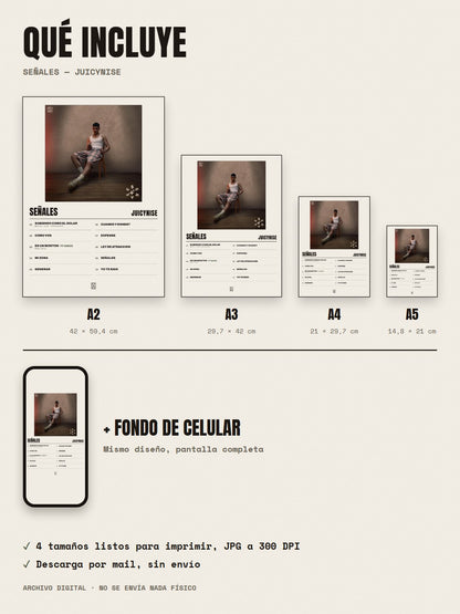 Qué incluye el póster de Señales de JuicyNise: A2, A3, A4, A5 y fondo de celular