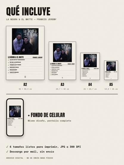 Qué incluye el póster de LA NEGRA & EL MATTE de Francis Jeremy: A2, A3, A4, A5 y fondo de celular