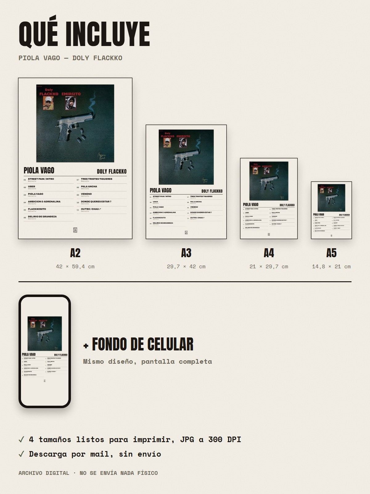 Qué incluye el póster de Piola Vago de Doly Flackko: A2, A3, A4, A5 y fondo de celular