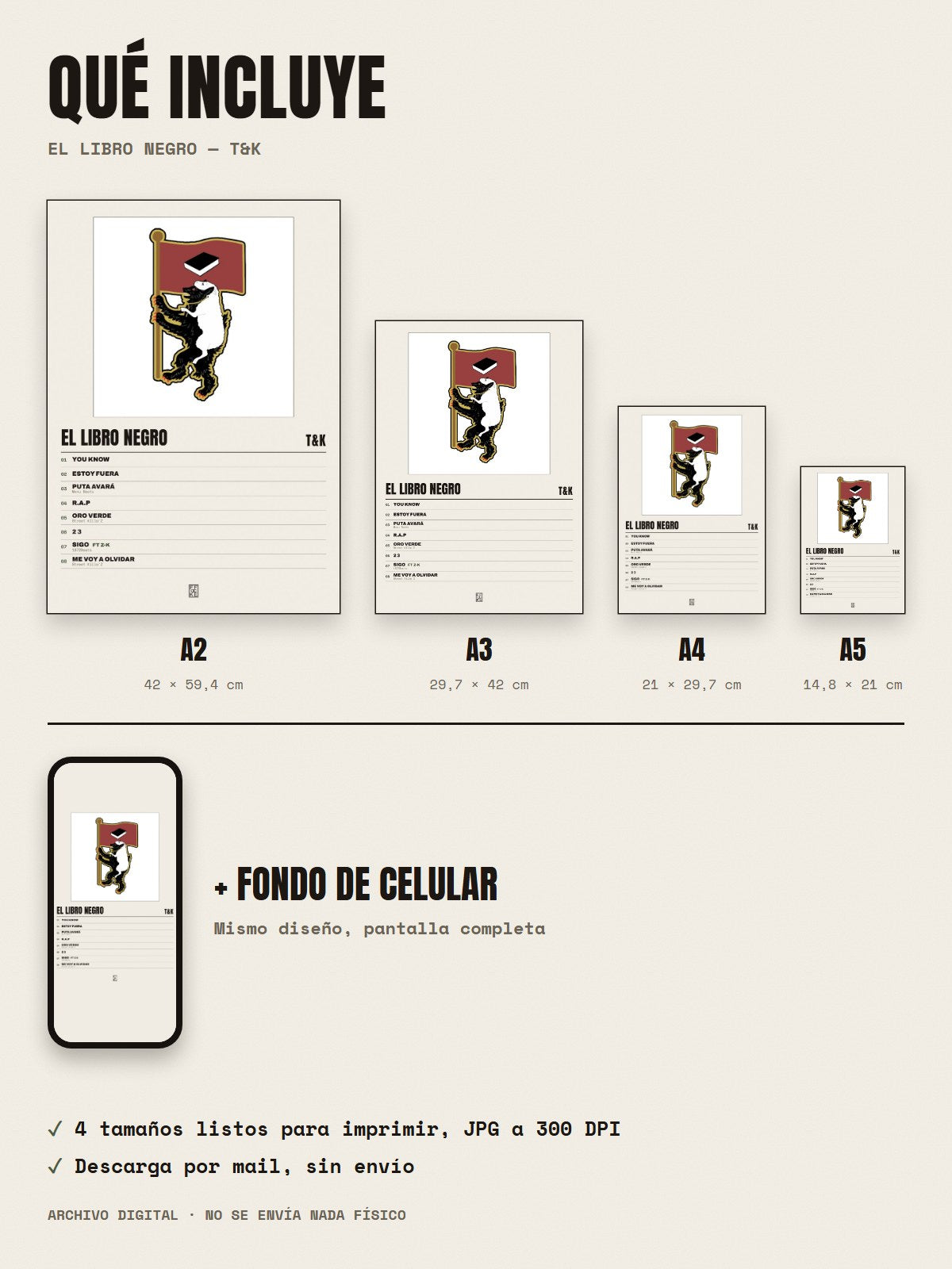 Qué incluye el póster de El Libro Negro de T&K: A2, A3, A4, A5 y fondo de celular
