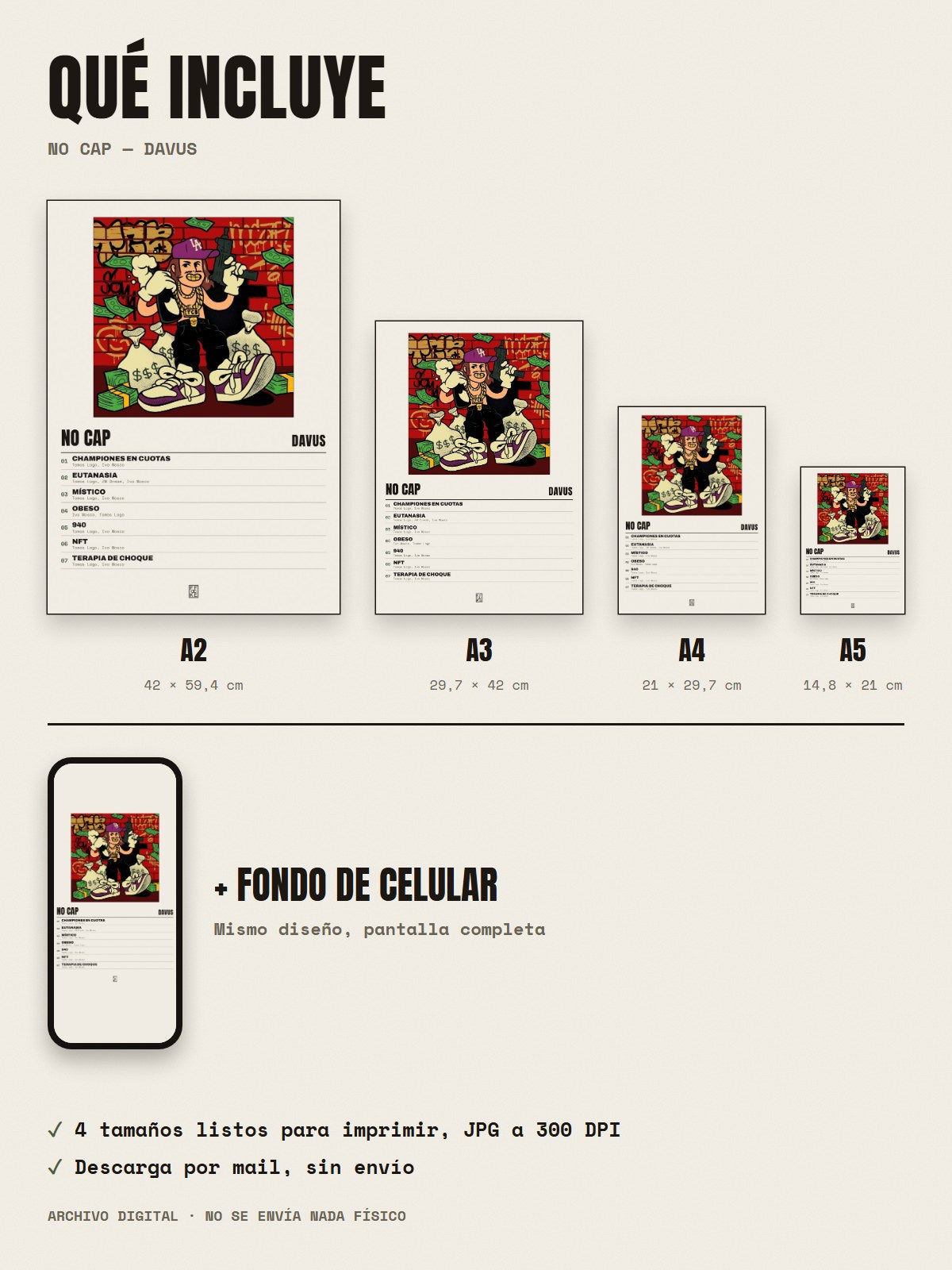 Qué incluye el póster de No Cap de Davus: A2, A3, A4, A5 y fondo de celular