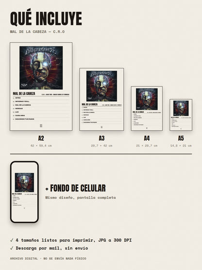 Qué incluye el póster de Mal de la Cabeza de C.R.O × Joaco Tdeb × Ignacio Gabriel De Tommaso: A2, A3, A4, A5 y fondo de celular