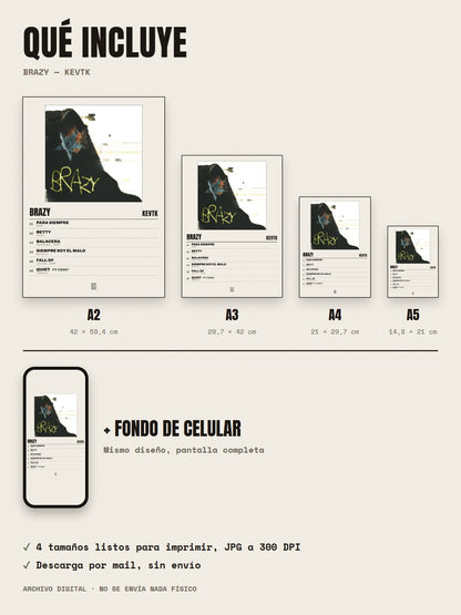 Qué incluye el póster de bRazy de KevTK: A2, A3, A4, A5 y fondo de celular