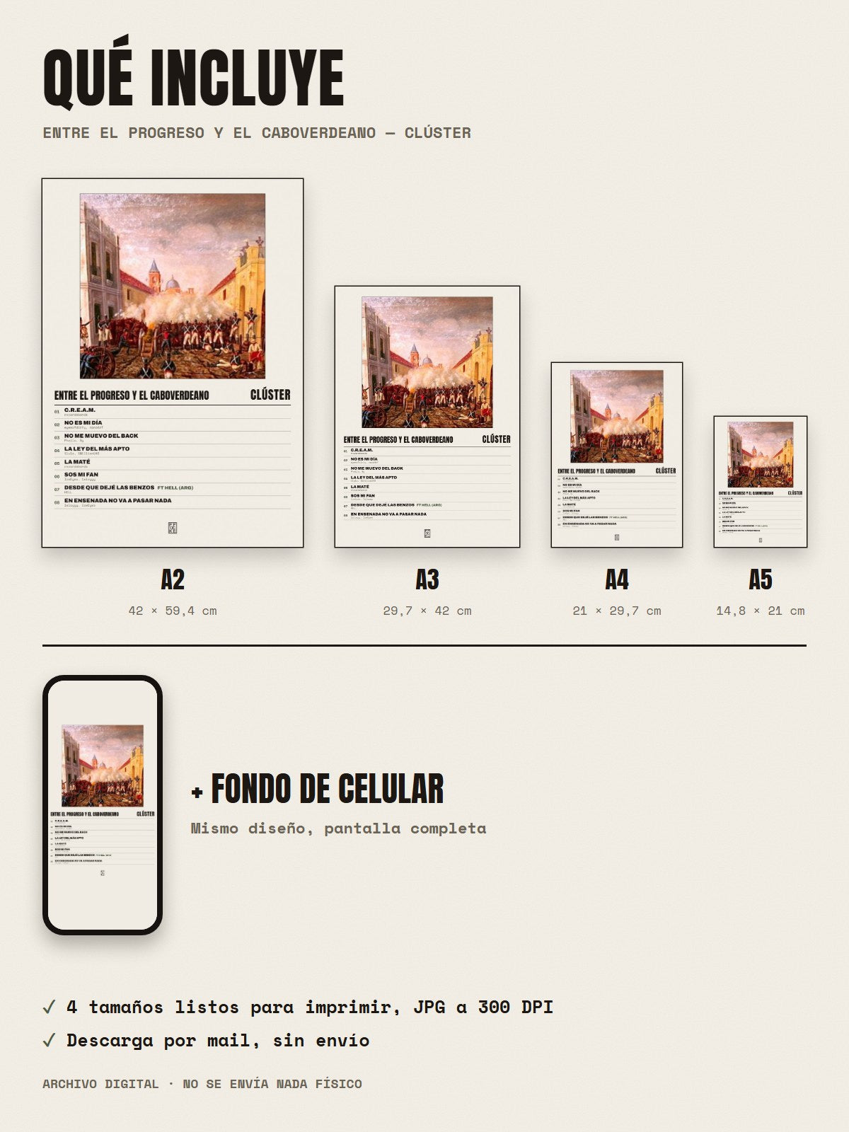 Qué incluye el póster de Entre el Progreso y el Caboverdeano de Clúster: A2, A3, A4, A5 y fondo de celular