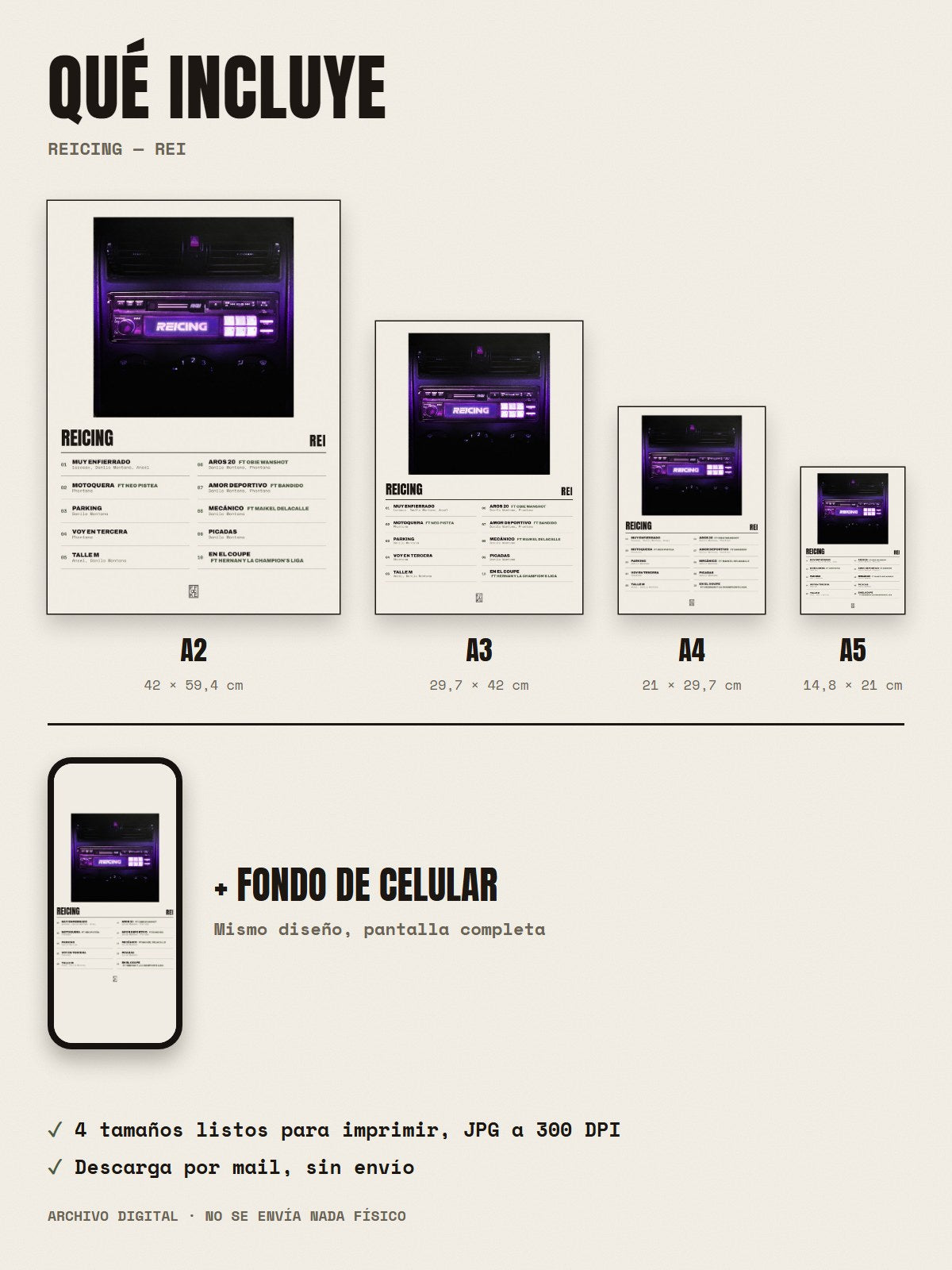 Qué incluye el póster de Reicing de Rei: A2, A3, A4, A5 y fondo de celular